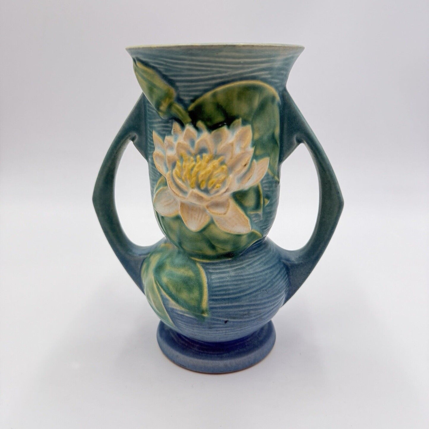 1943 Roseville Art Pottery USA 74-7 Blue Water Lilly 7” Vase Embossed Vtg (flaw)