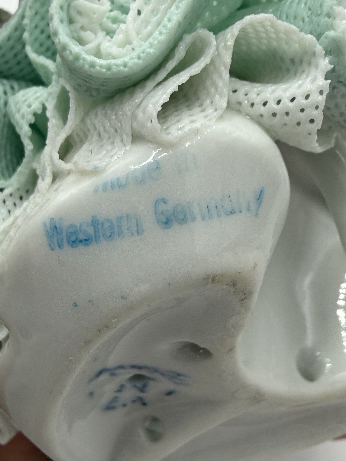 Vtg Dresden Germany Porcelain Victorian Lady Seated Green Lace Dress Figurine 3”