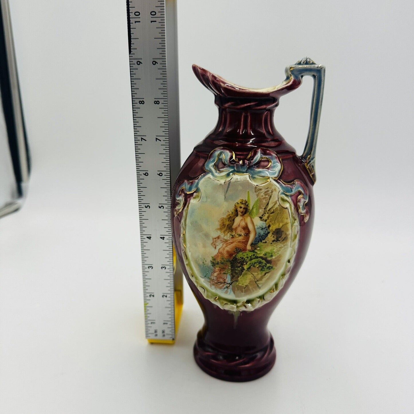 Majolica Red Pitcher Blue Ribbon Fairy Portrait Numbered 9in Porcelain Antique