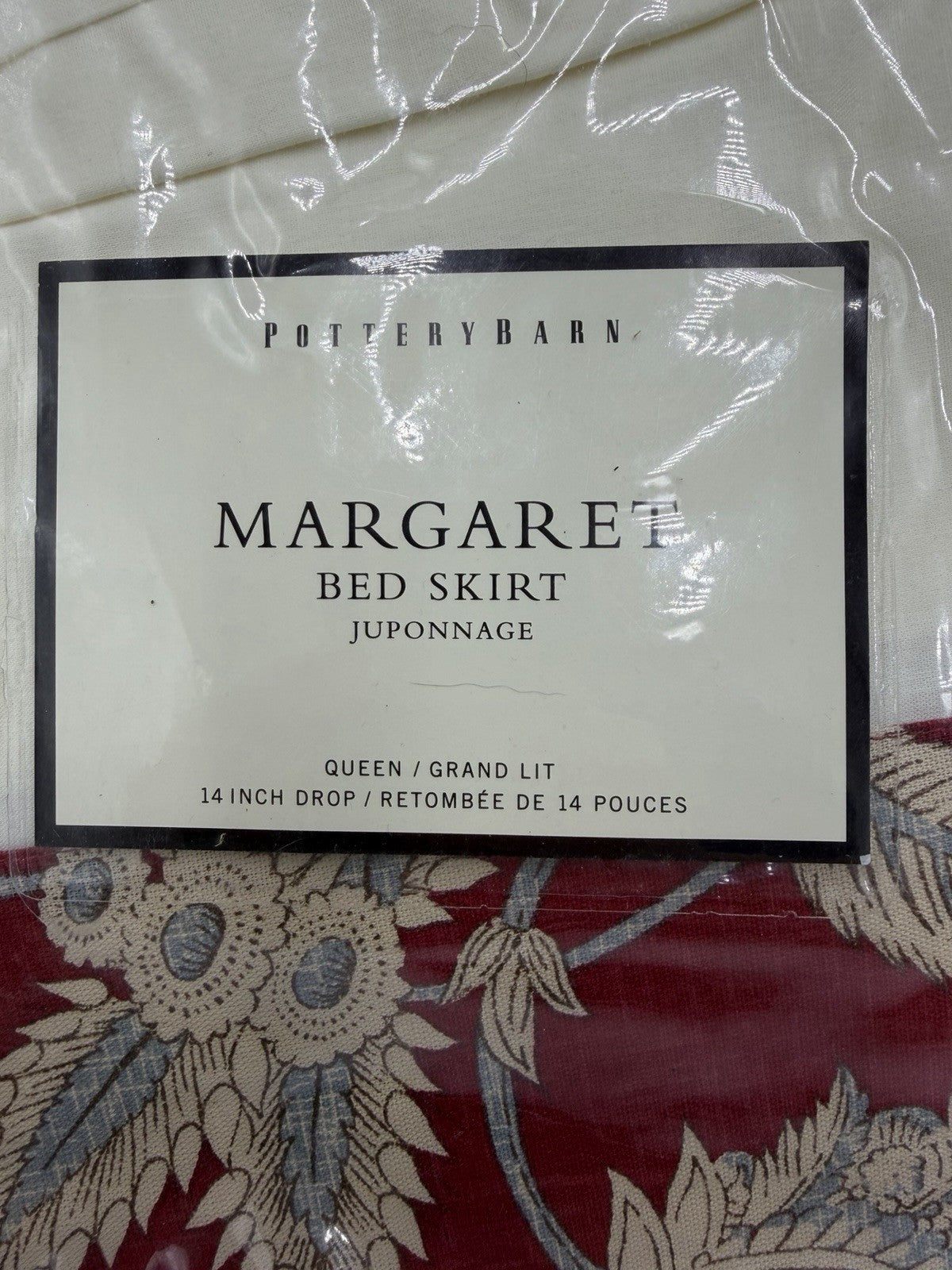 Pottery Barn Margaret bed skirt juponnage Cotton Linen Floral Beige Red Queen