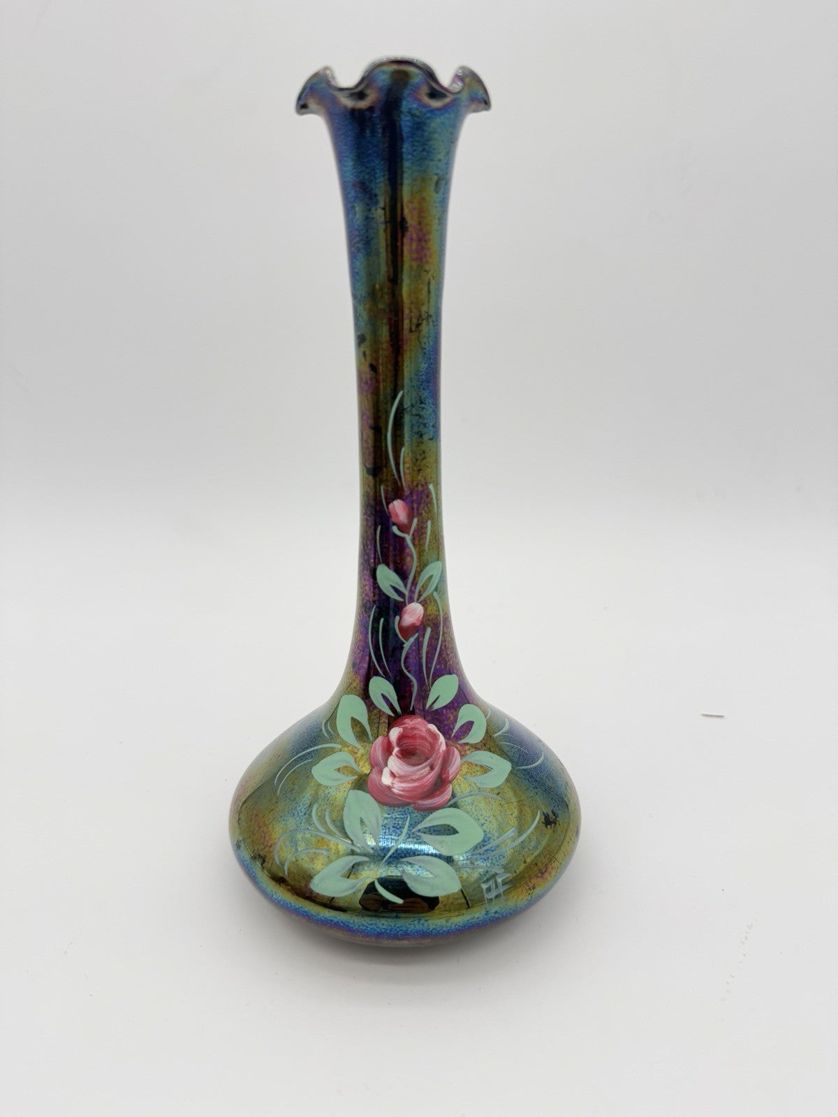 Vintage Art Nouveau Iridescent Art Glass Painted Rose Signed Vase 9”H