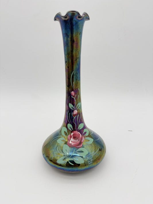 Vintage Art Nouveau Iridescent Art Glass Painted Rose Signed Vase 9”H