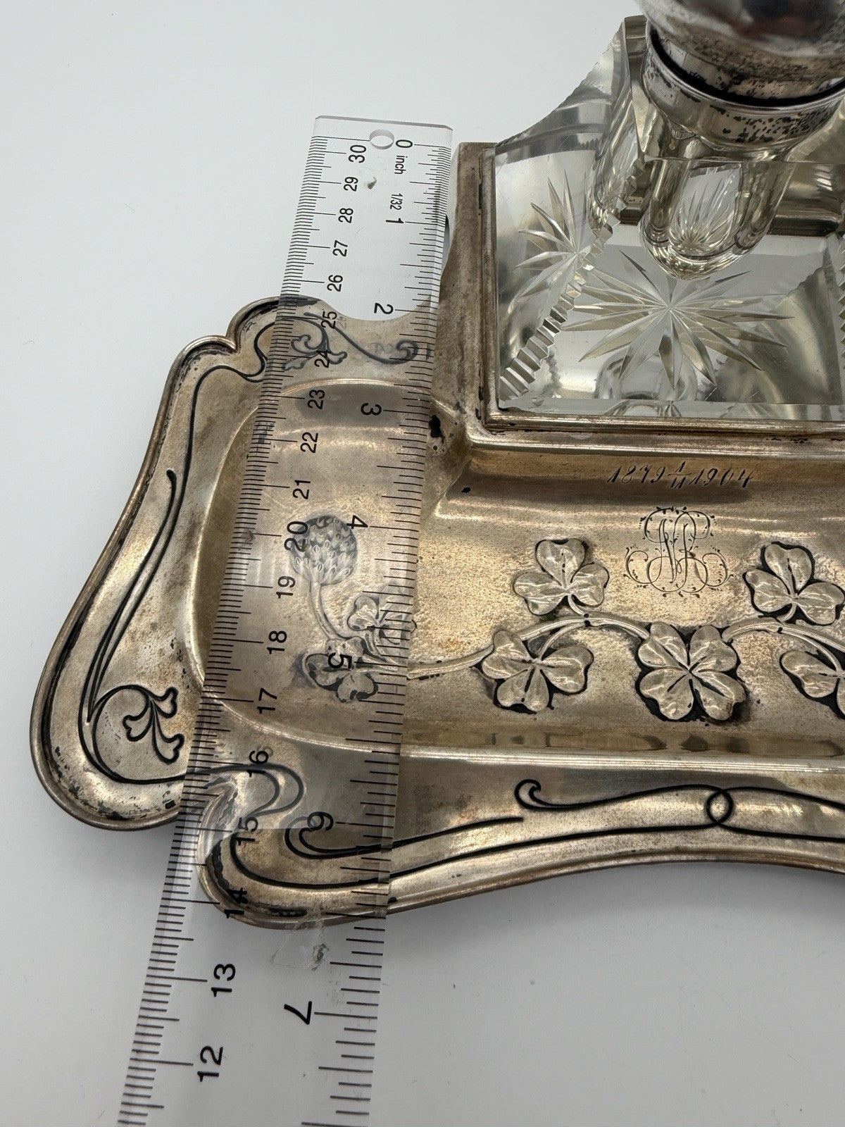 Antique Brass Art Nouveau Writing Desk  w/ Cut Glass Inkwell Embossed Shamrock