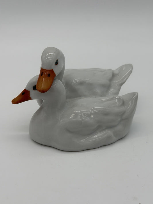 Herend Hungary Porcelain Ducks White Hand Painted 1950 Vtg Figurine