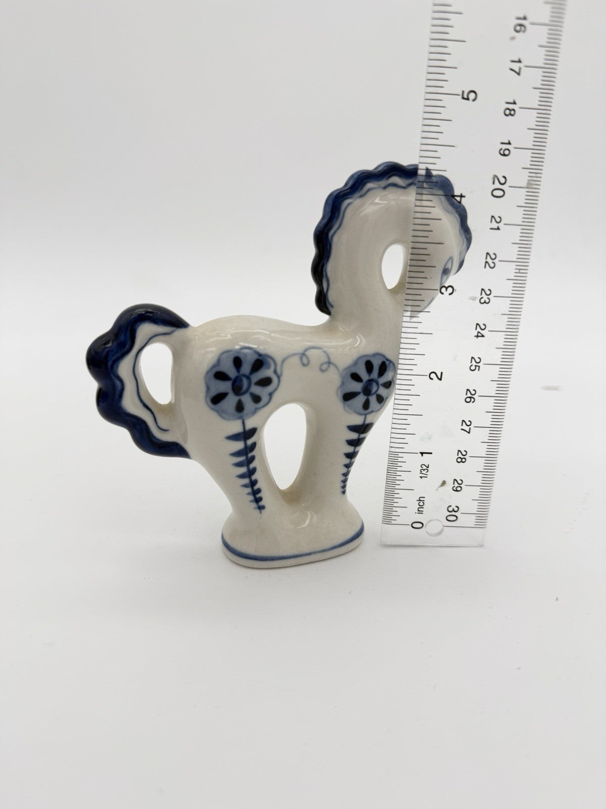 Vtg USSR Art Pottery Gzhel Russia Porcelain White /blue Floral Horse Figurine