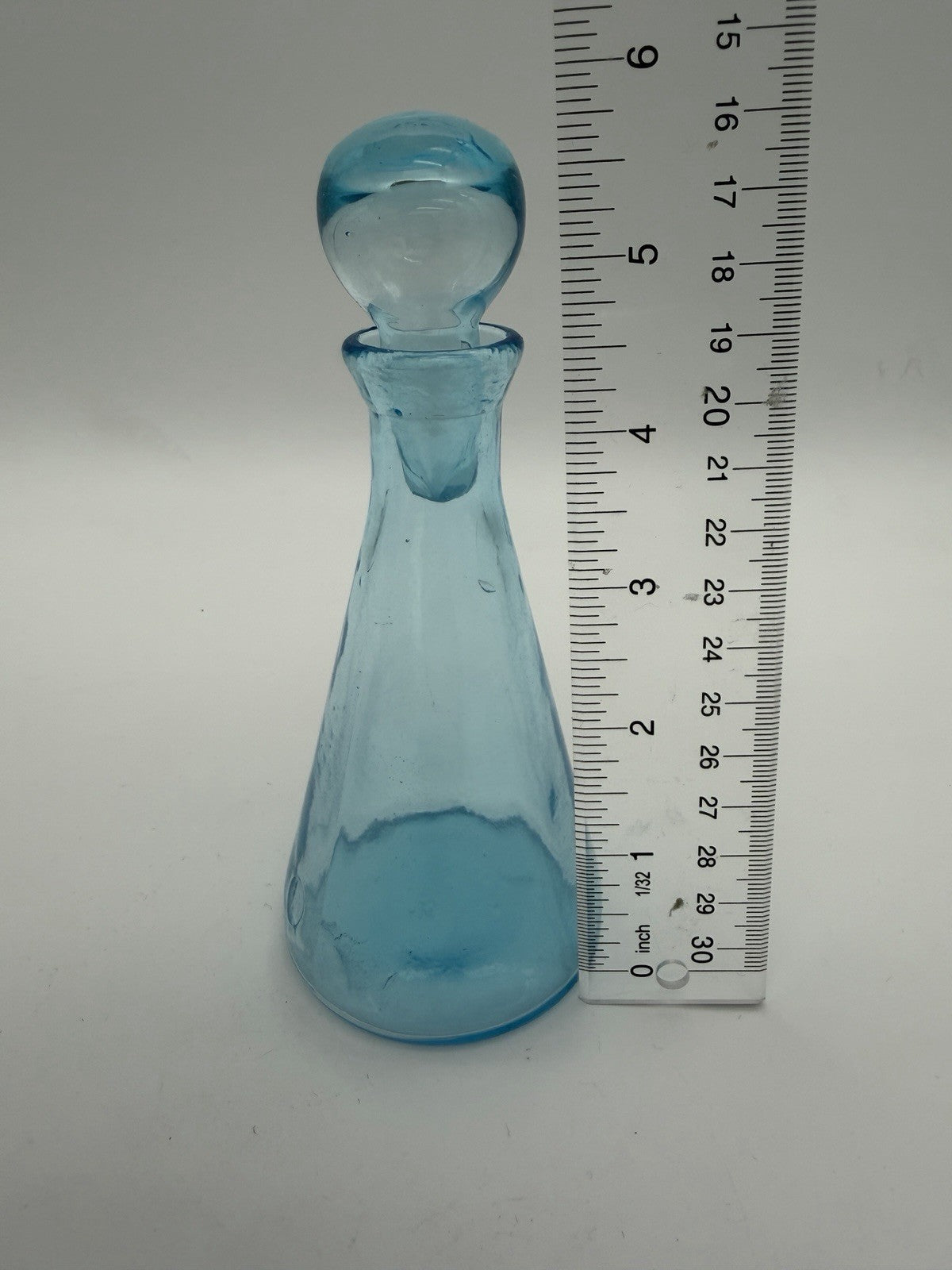 MCM Teal Blue Art Glass Decanter w/Stopper Hand Blown Genie Bottle 6”
