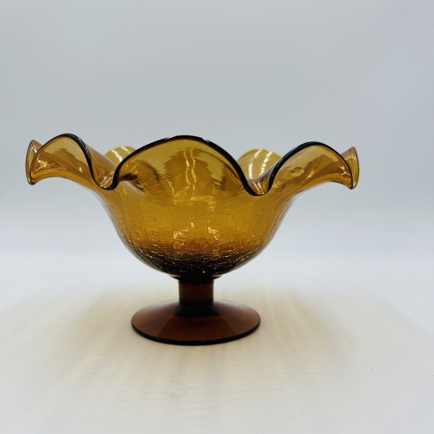 Blenko Art Glass  Amberina Footed Vase Ruffled Crackled Compote 5.5”H x 9”