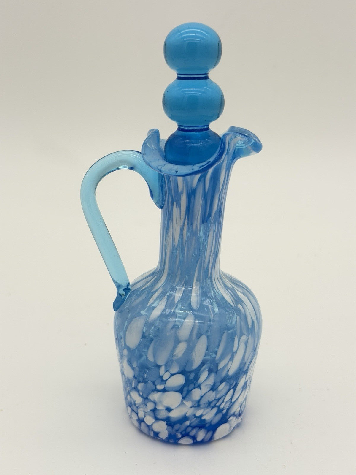 Rainbow Art Glass Cruet Blue Aqua White Spatter Milk Spots W/Stopper Vintage 6”H