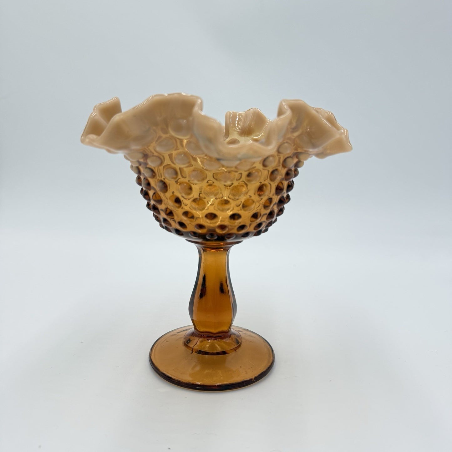 Fenton Art Glass Root Beer Opalescent Gradient Hobnail Ruffled Compote 6in