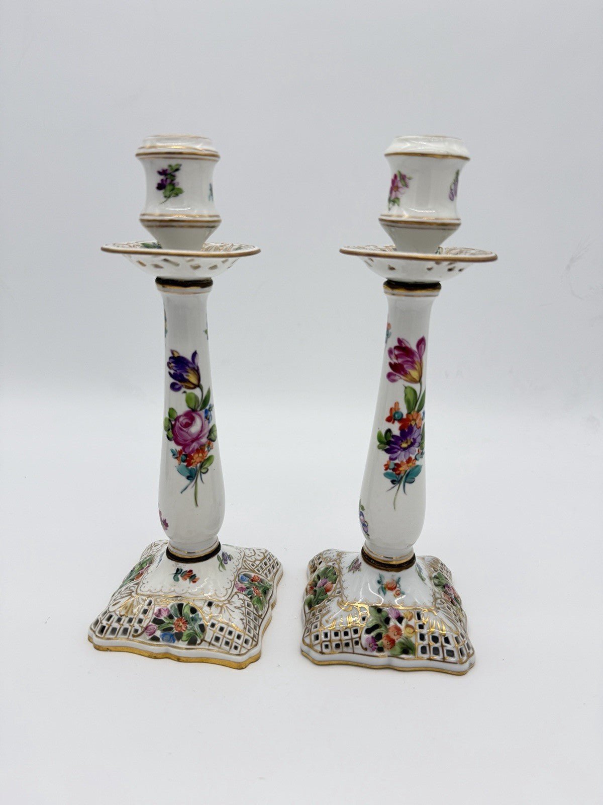 Antique  Dresden Porcelain Carl Thieme Saxony Reticulated 10" Candlestick Floral