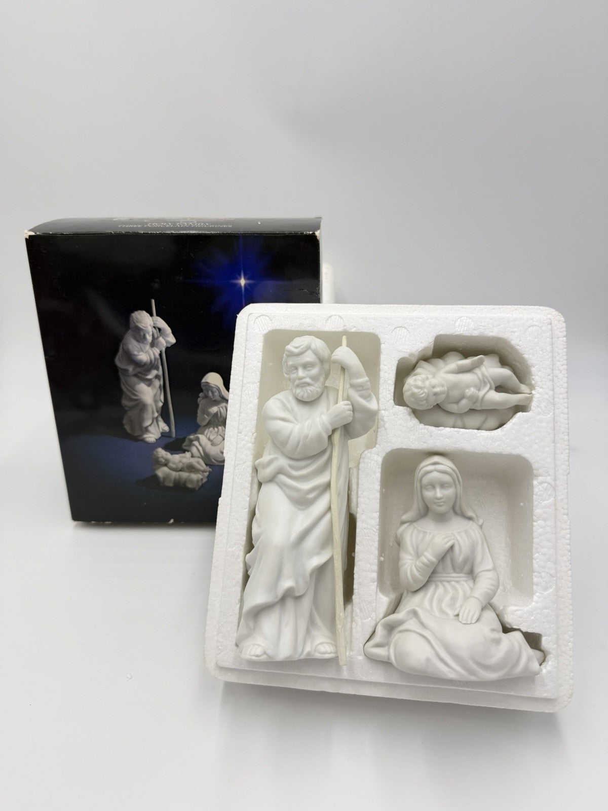Vintage 1981 Avon White Bisque Holy Family Three Porcelain Figurines Nativity