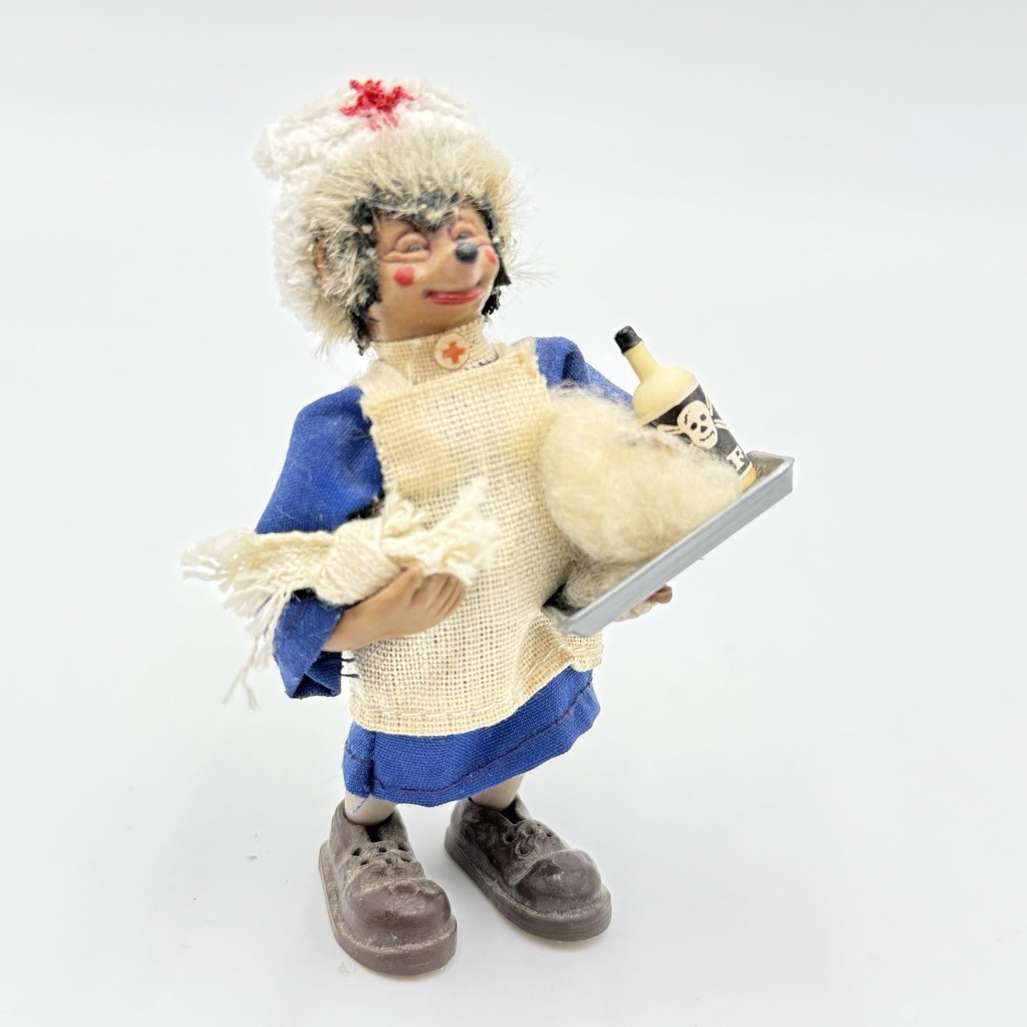 Vintage Peter Mecki 3.5" Steiff Hedgehog Doll Nurse With Medicine Tray & Hat