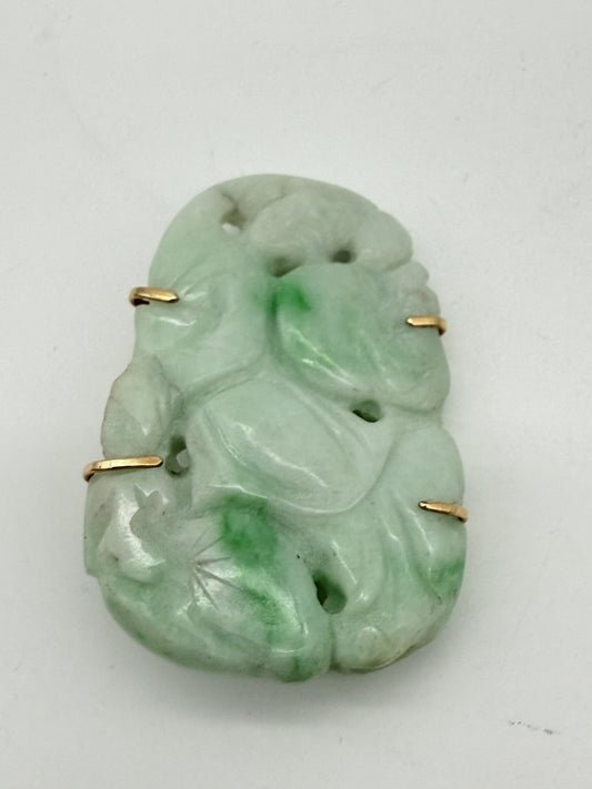 Antique Chinese 14K Yellow Gold Jadeite Jade Pin Brooch Natural Jade