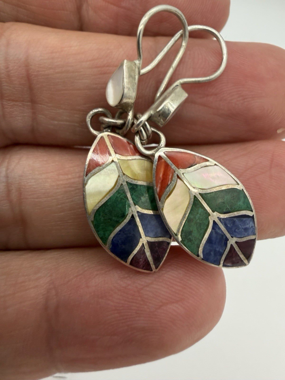 Sterling Silver Women's Earrings Alpaca Natural Stone Kantu Leaf Design Rainbow