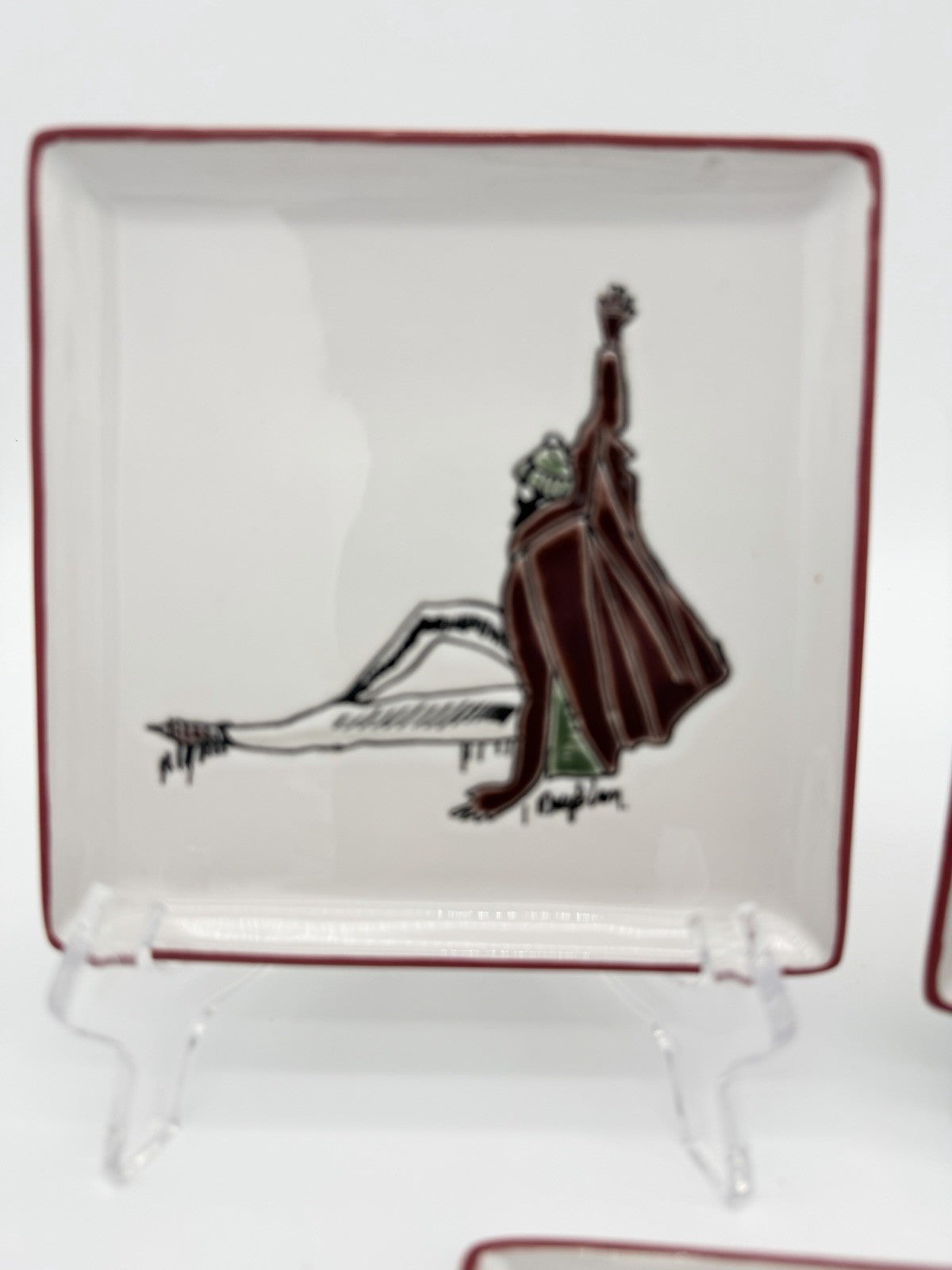 Rare Mary Blair Signed Stoneware Square Skating On Ice Trays Victorian Couples