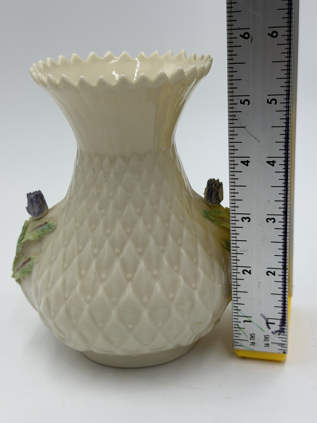 Vintage Belleek Irish Pottery 7th Gold Brown Stamp porcelain thistle vase 5.5” I