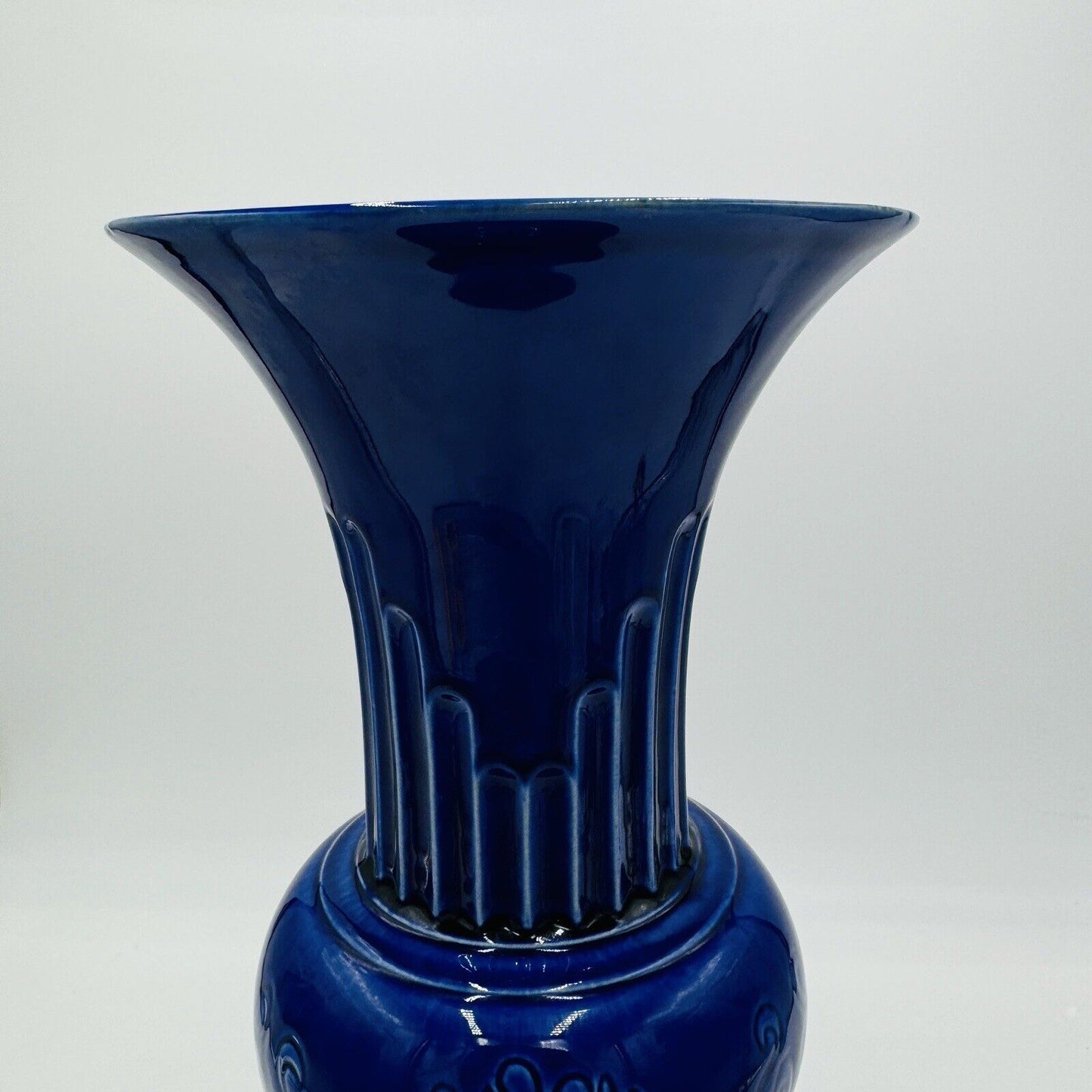 Hyalyn Pottery Vase 15in Cobalt Blue Floral Etched USA #571 MCM Large Standing