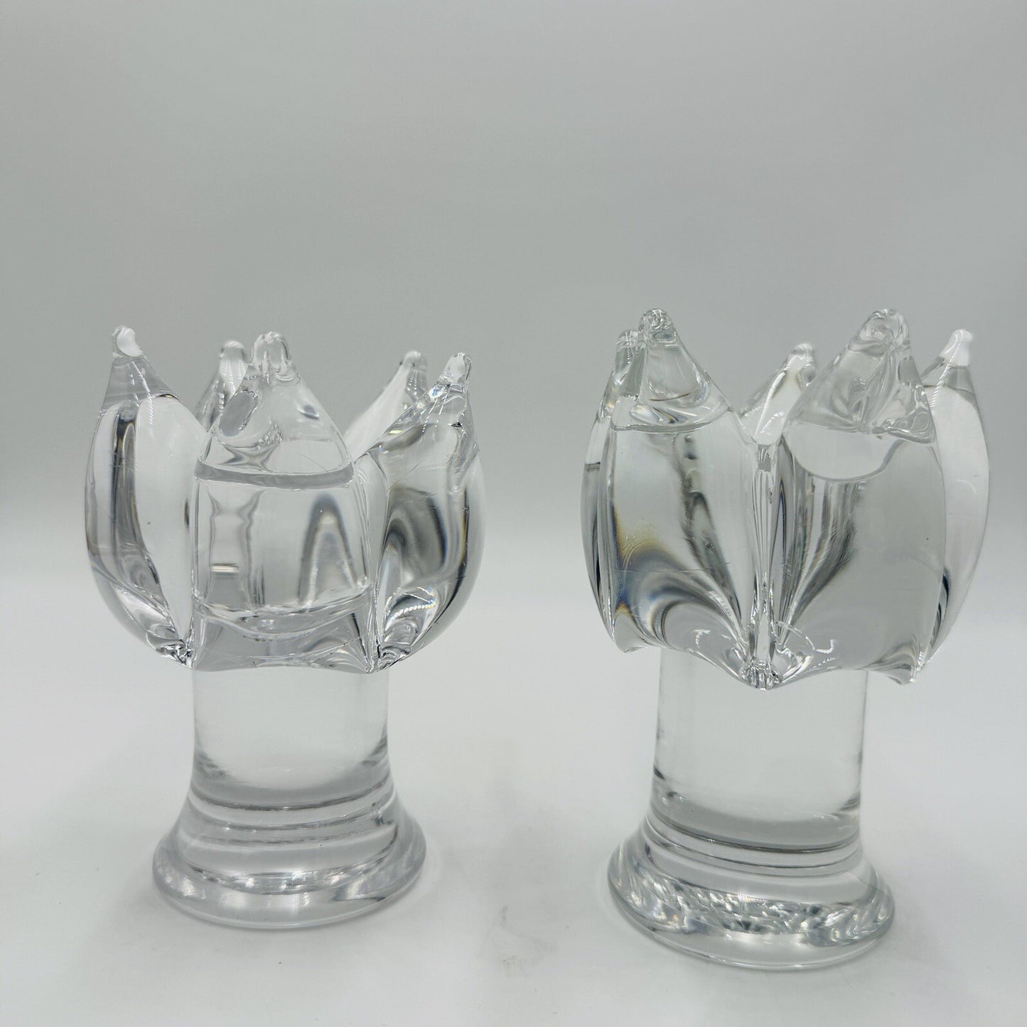 2 Kosta Boda Goran Warff Clear Glass Candlestick Holders 5.25in Signed Vintage