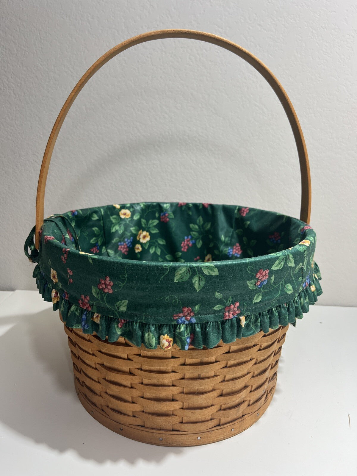 Longaberger Basket Liner Large Handle Round Green Floral 1996 Vintage Retired