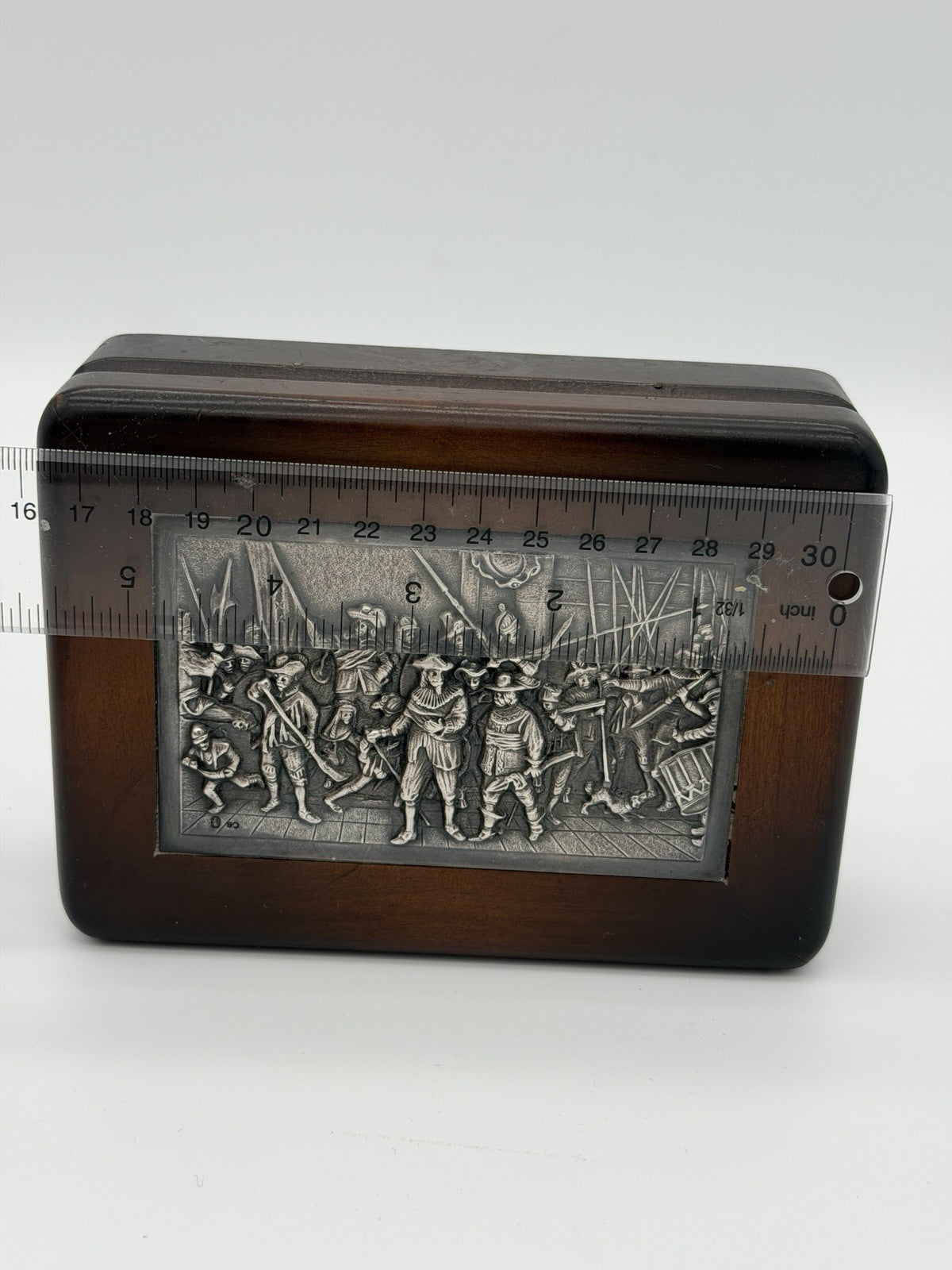 Antique Dutch Silver Mounted Wood Box Keepsake Folk Art Rembrandt’s Night Watch