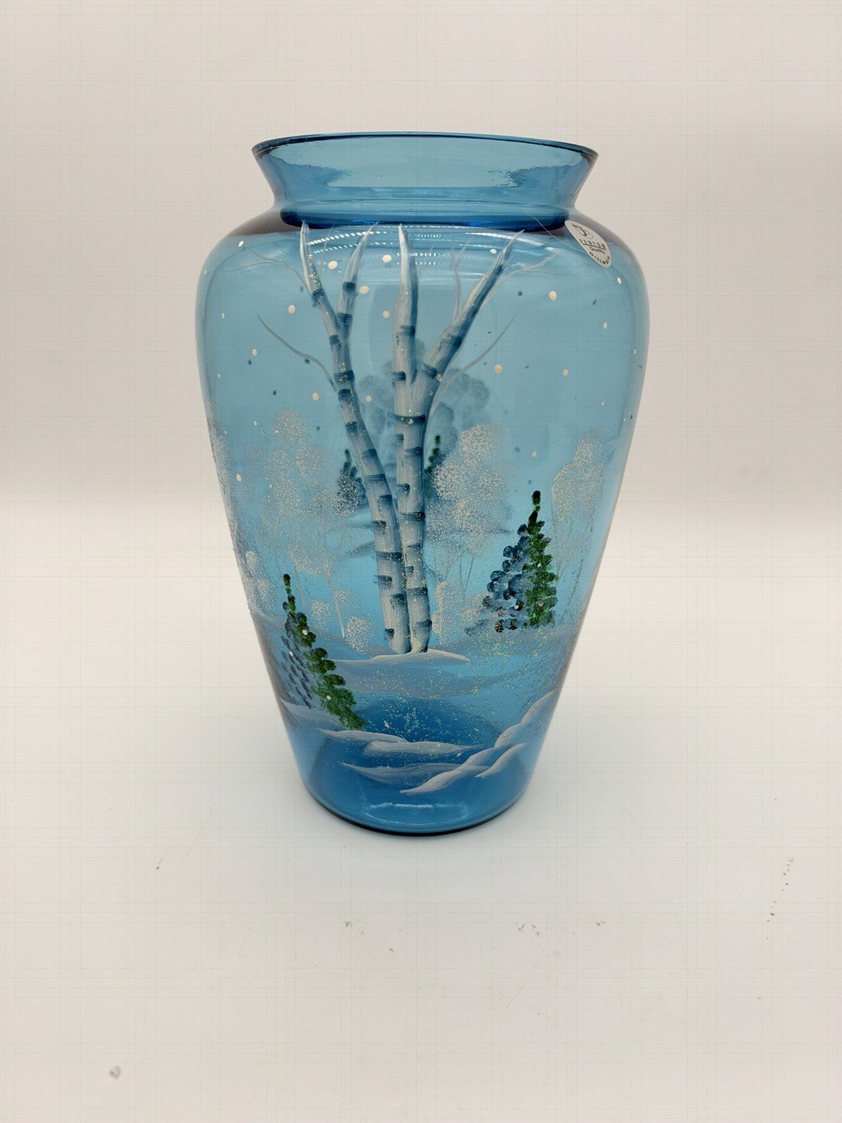 Fenton Art Glass Quality Blue Hand Painted Winter Christmas Scene Vase 8.5”H