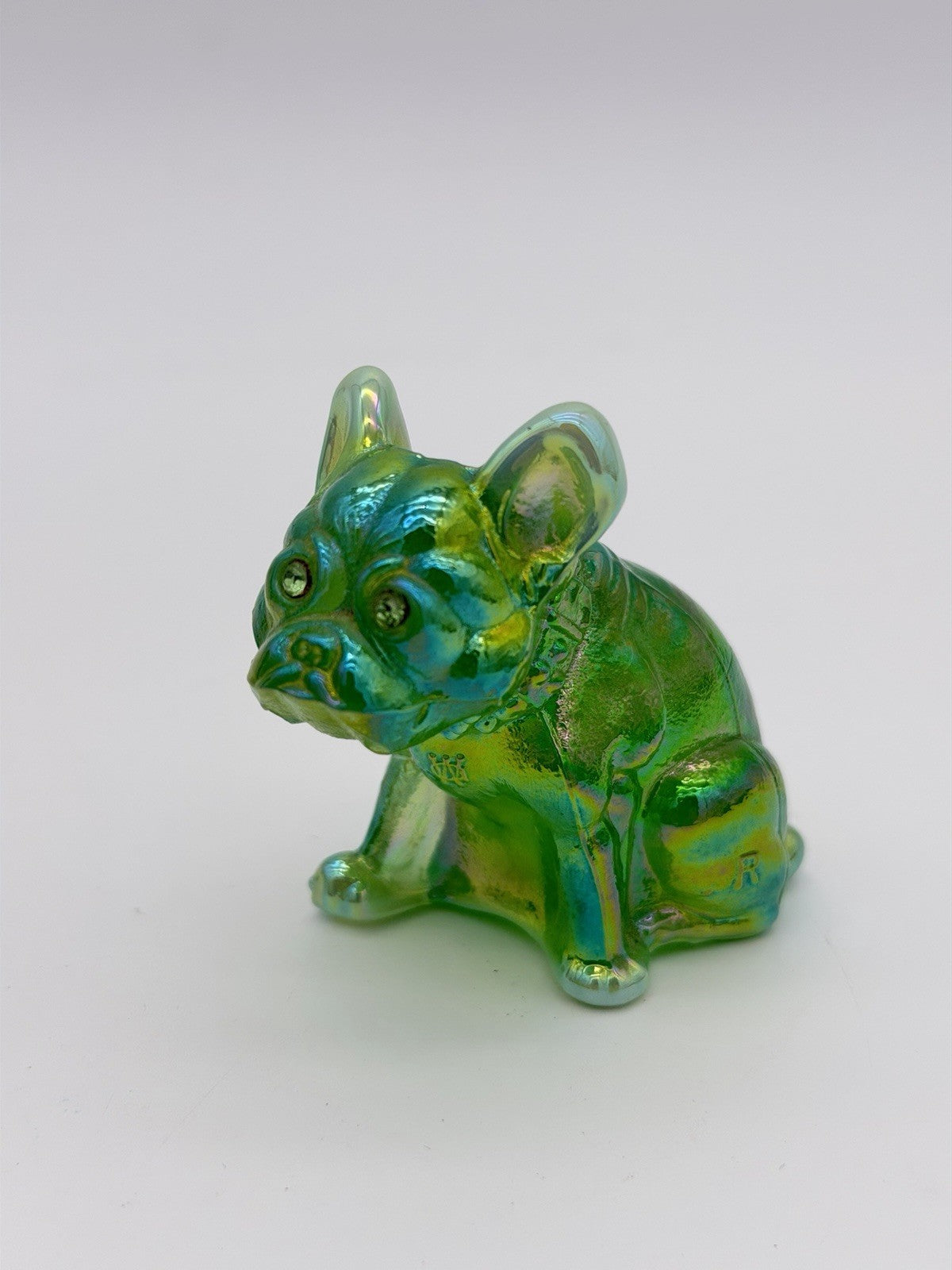 Westmoreland Art Glass Green Iridescent French Bulldog Dog Figurine 2.5”H Mint