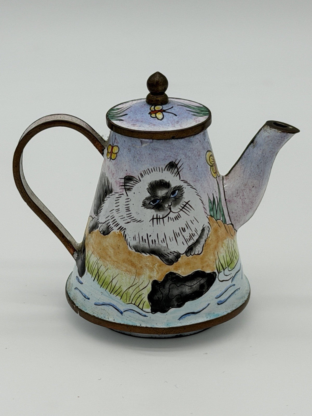 Vintage Kelvin Chen Enameled Hand Painted Cat Miniature Tea Pot 3.5”H Rare