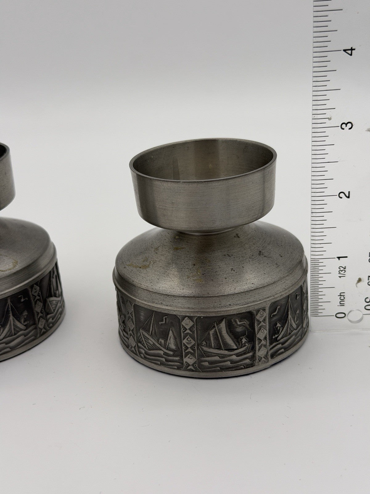 Selandia Norway Pewter Short Candlestick 1960’s Nautical Sailing Boat 2.5”H Pair