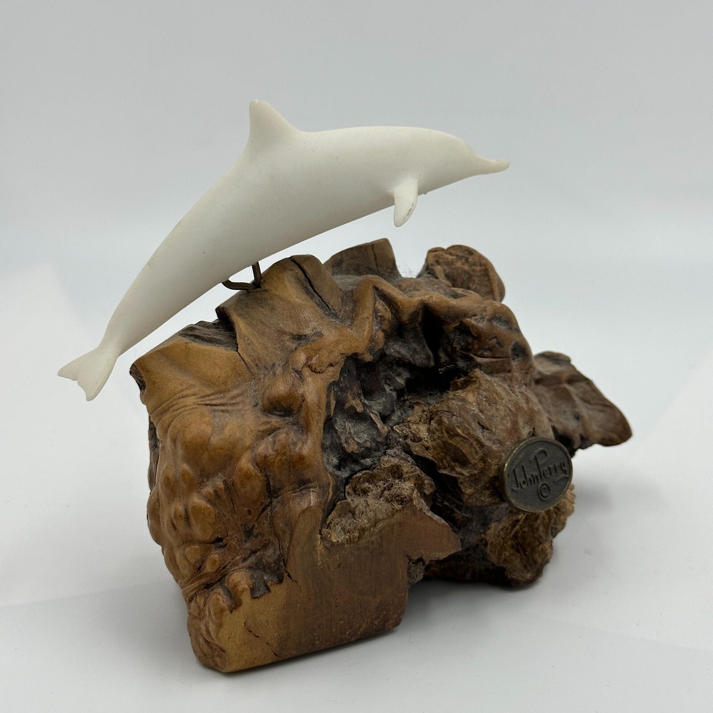 John Perry Dolphin Figure Pellucita Manzanita Wood Marked Ocean Sculpture Statue