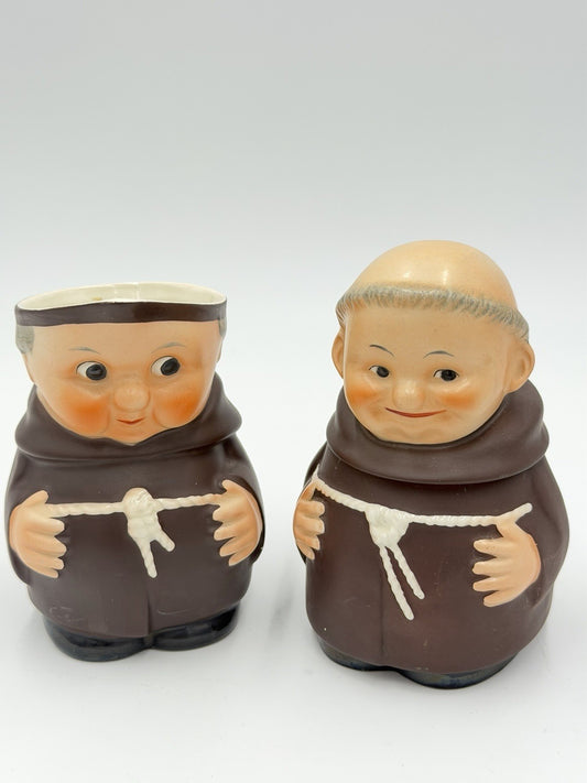 1950 Goebel West Germany Friar Tuck monk creamer & sugar bowl 4.5”H Set