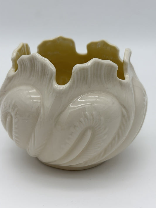 Belleek Ireland Porcelain Cabbage Leaf Planter Vase Yellow Luster  3 1/2” Vtg