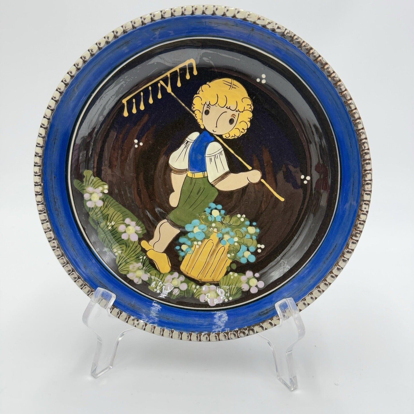 Hugo Kohler Biel Swiss Art Pottery Painted Swiss Folk Art 8" Plate Boy Figurine