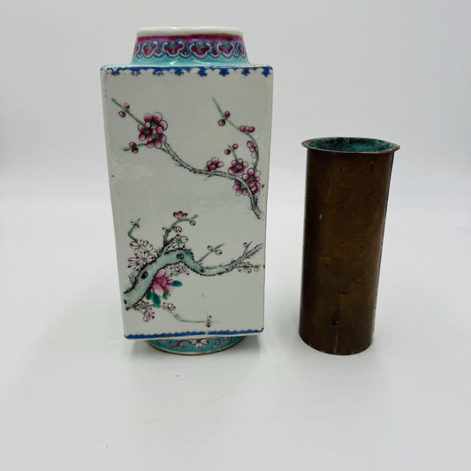 Antique REPUBLIC Chinese Famille Floral porcelain CONG vase CHINA MARK Rare