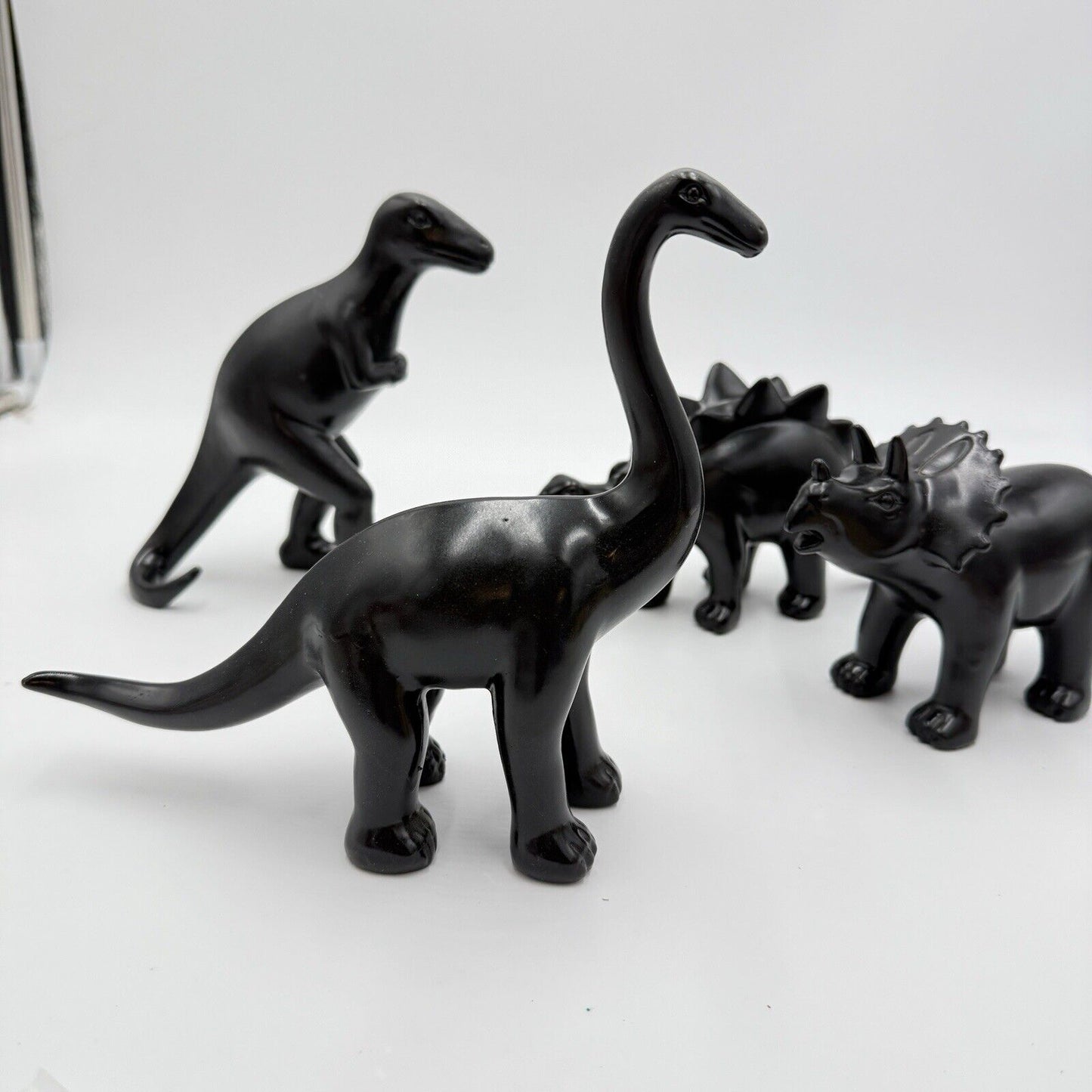 Wooden Dinosaurs Black Solid Carved Set 7” Toys Decor Painted Art Figurines