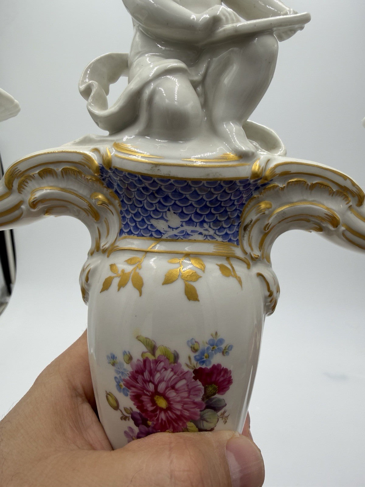 Rare 19th C KPM Berlin Rocaille porcelain candelabra kneeling reading putto 14”