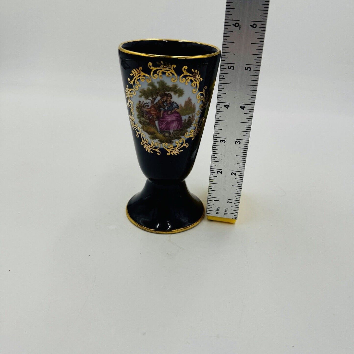 Limoges France Cobalt Blue Goblet /flagon Porcelain Gold Romantic Scene 5” Vase