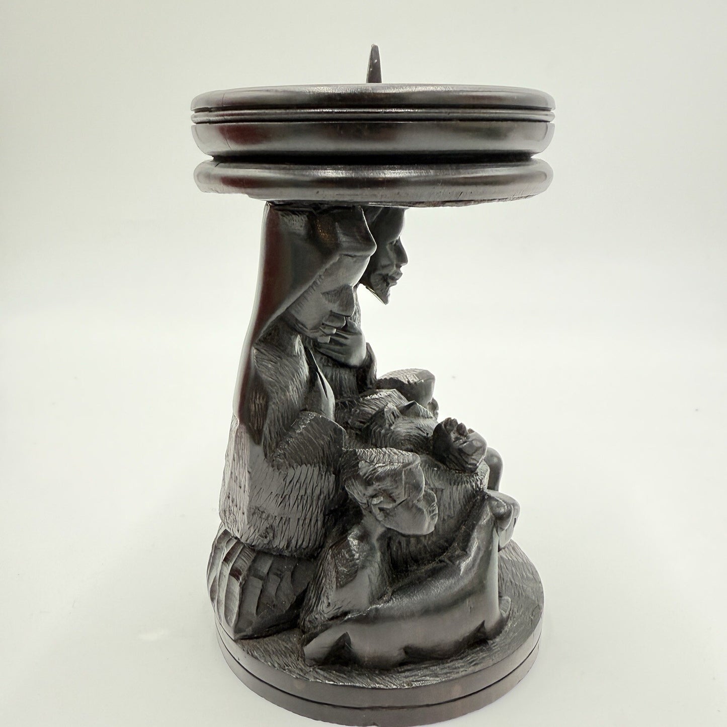 Vintage hand Carved Ebony Wood Nativity Candle Holder Solid Folk Art 6.5in