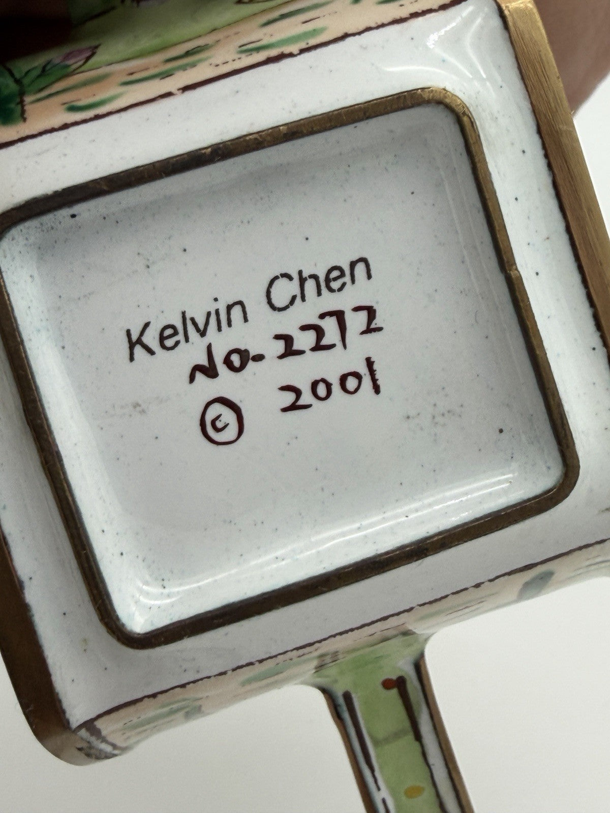 Kelvin Chen Enamel Teapot Trinket Box Rooster Butterflies #2323 Miniature Vtg