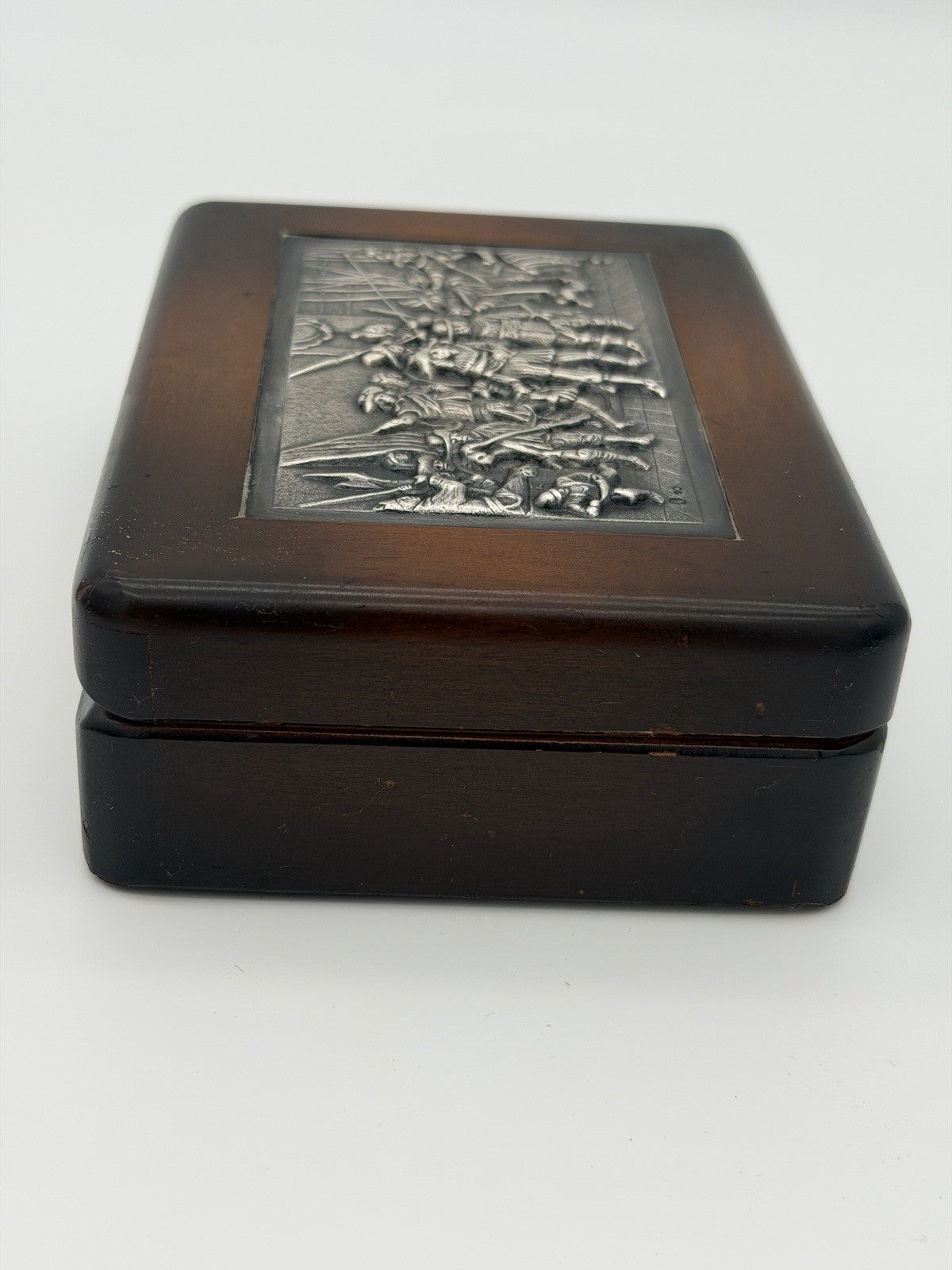 Antique Dutch Silver Mounted Wood Box Keepsake Folk Art Rembrandt’s Night Watch