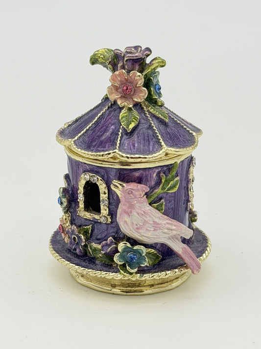 Enamel Purple Gold Gilt Birdhouse Trinket Box Jewelry Box Pink Purple Metal 2”