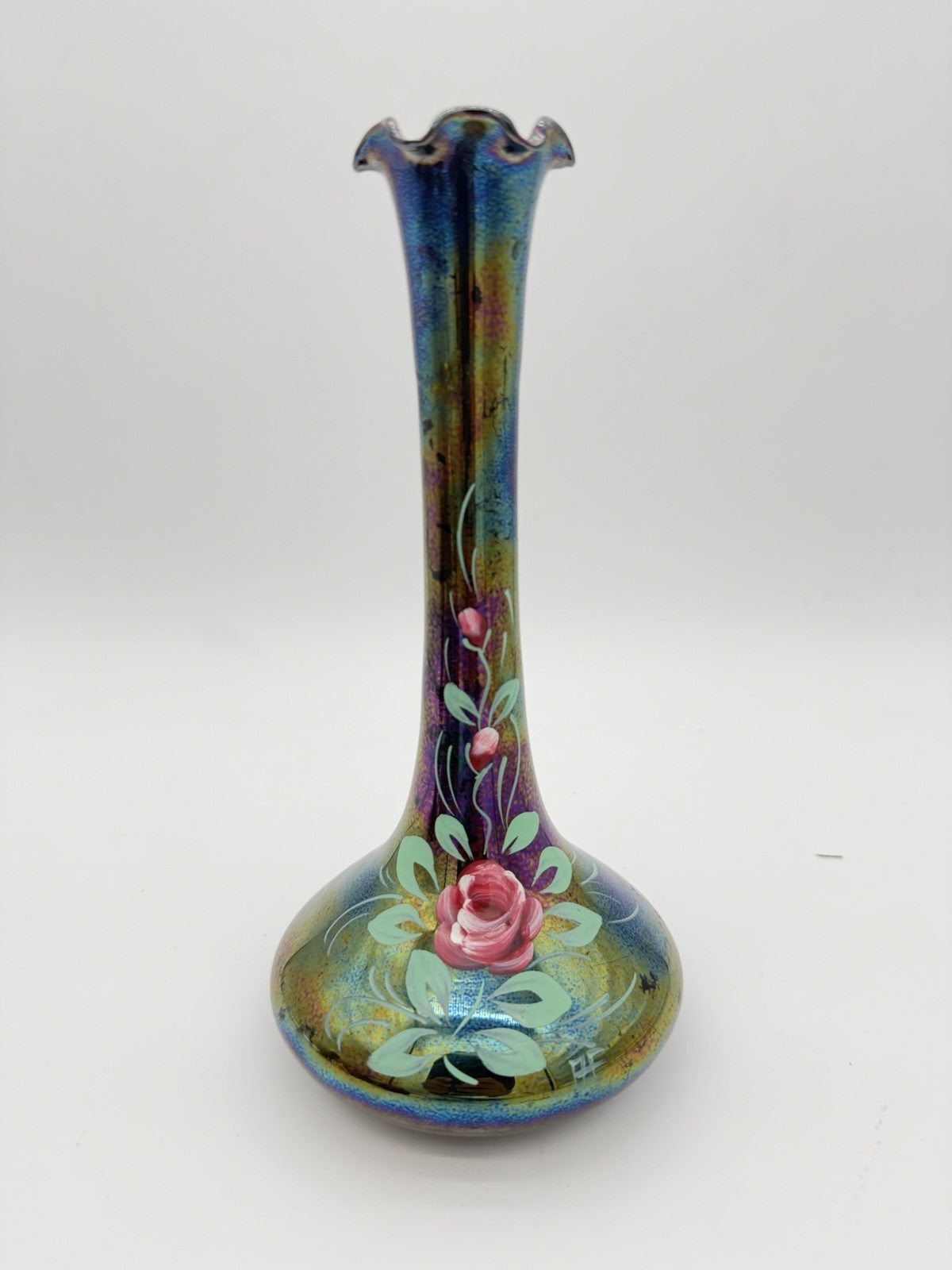 Vintage Art Nouveau Iridescent Art Glass Painted Rose Signed Vase 9”H