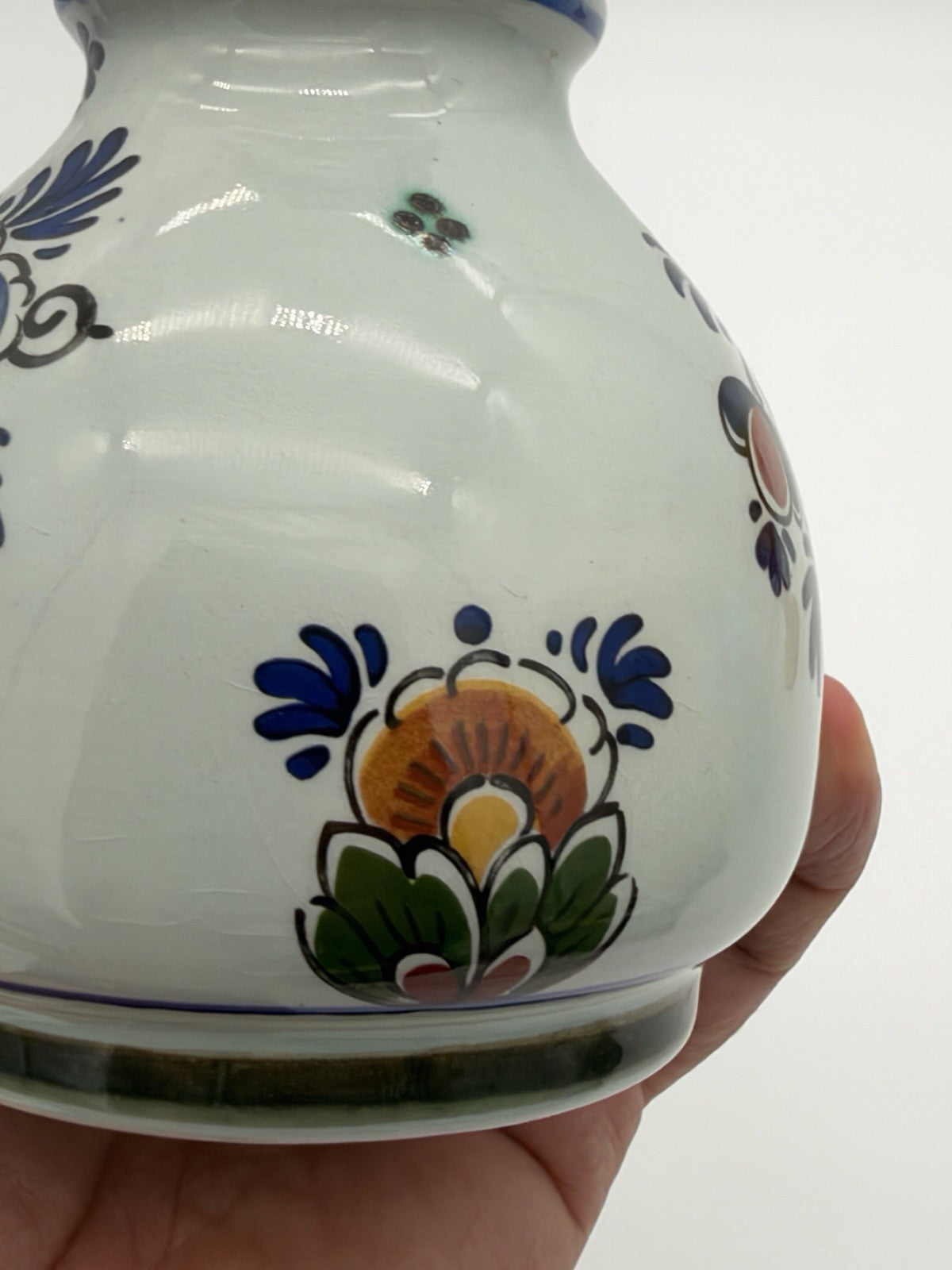 Delft Dutch Art Pottery Polychroom Pitcher Hand-Painted Floral Ceramic Vase 6”
