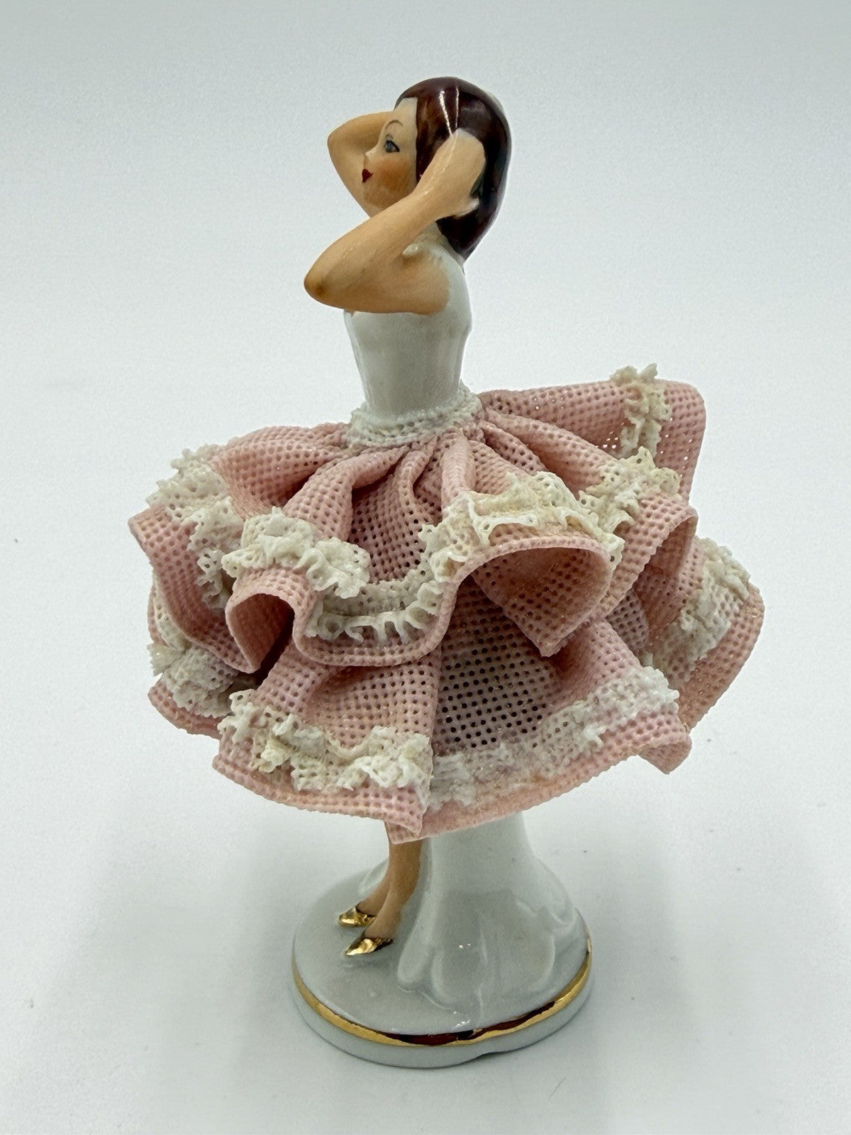 Vintage Dresden Porcelain Lace Victorian Lady Figurine Pink Dress 4” Germany