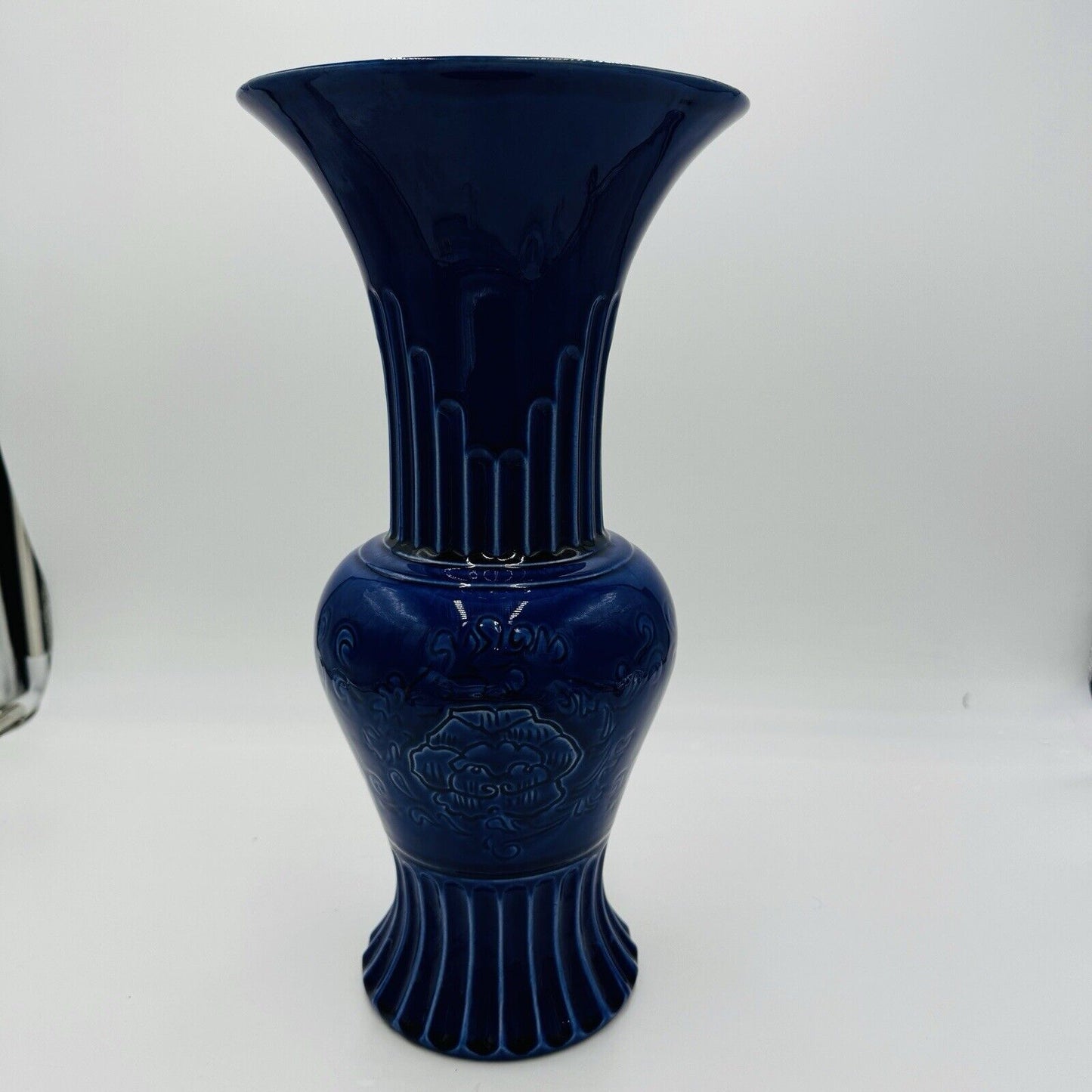 Hyalyn Pottery Vase 15in Cobalt Blue Floral Etched USA #571 MCM Large Standing