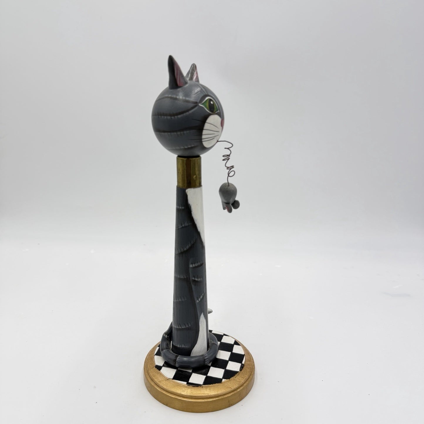 Vintage Folk Art American Spindle Art Cat With Mice Wood Carved 10.5”
