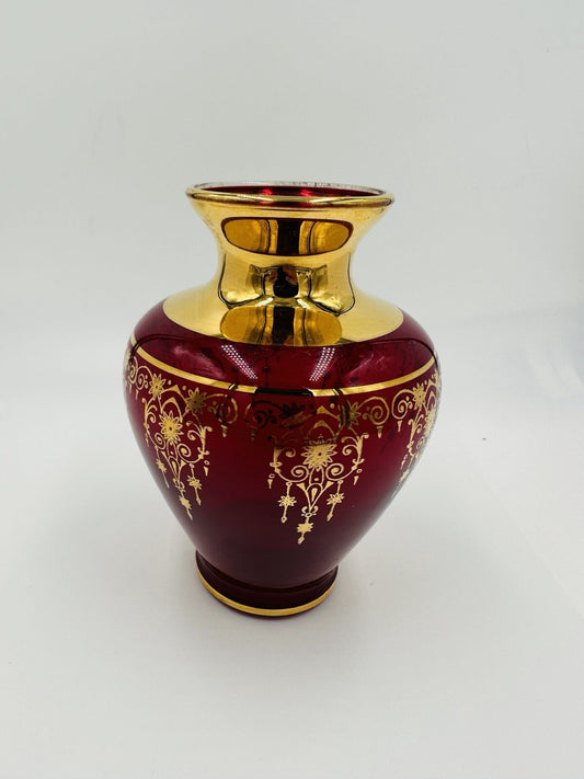 Murano Vase Glass Red Gold Trim Gilding Overlay Late 20th Century Bud