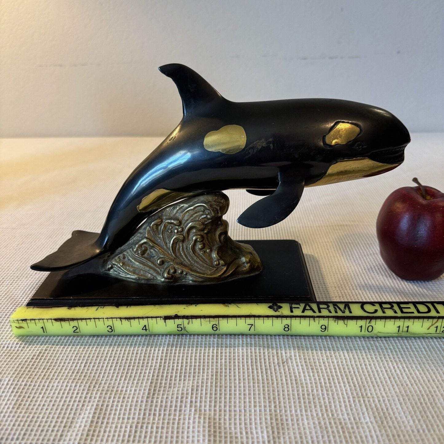 Orca Metal Sculpture No Marking Wooden Base Randy Puckett Style Not Original