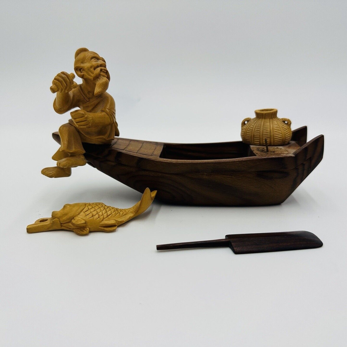 Taipei Fisherman Carved Wood Chinese Figurines Journey to the West Sanxing Hotei