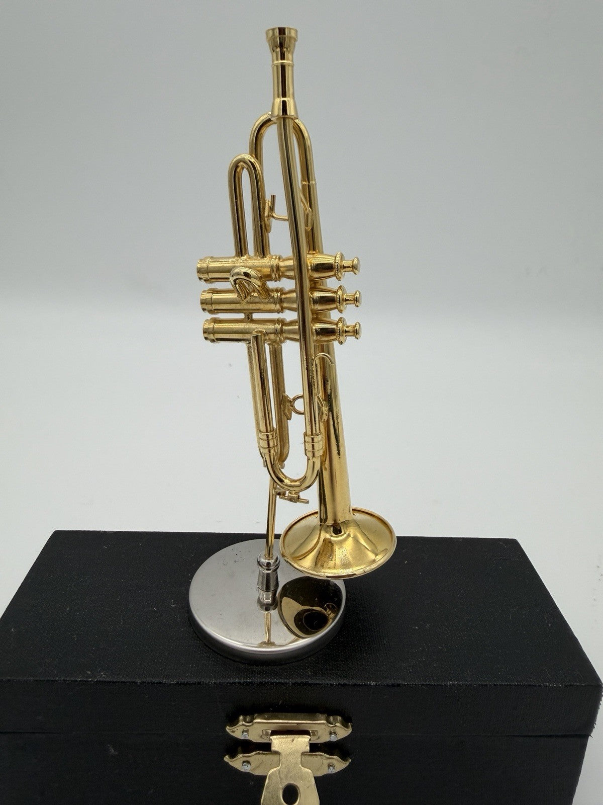 Broadway brand 5” miniature trumpet Instrument Brass figurine W/case & Stand Vtg