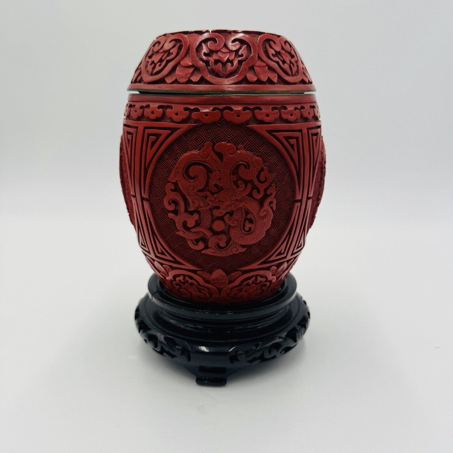 Chinese Cinnabar Red Lacquer & Brass Carved Lidded Urn Vase Enameled Blue 6.5"